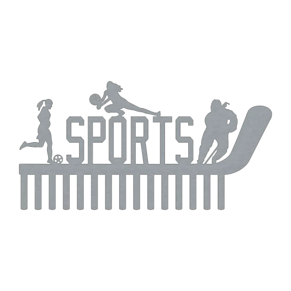 A laser-cut steel wall art piece featuring silhouettes of a soccer player, a volleyball player, and a hockey player. The word 'SPORTS' is prominently displayed. The design is sleek with a raw steel finish, set against a black background, highlighting the intricate cutouts.